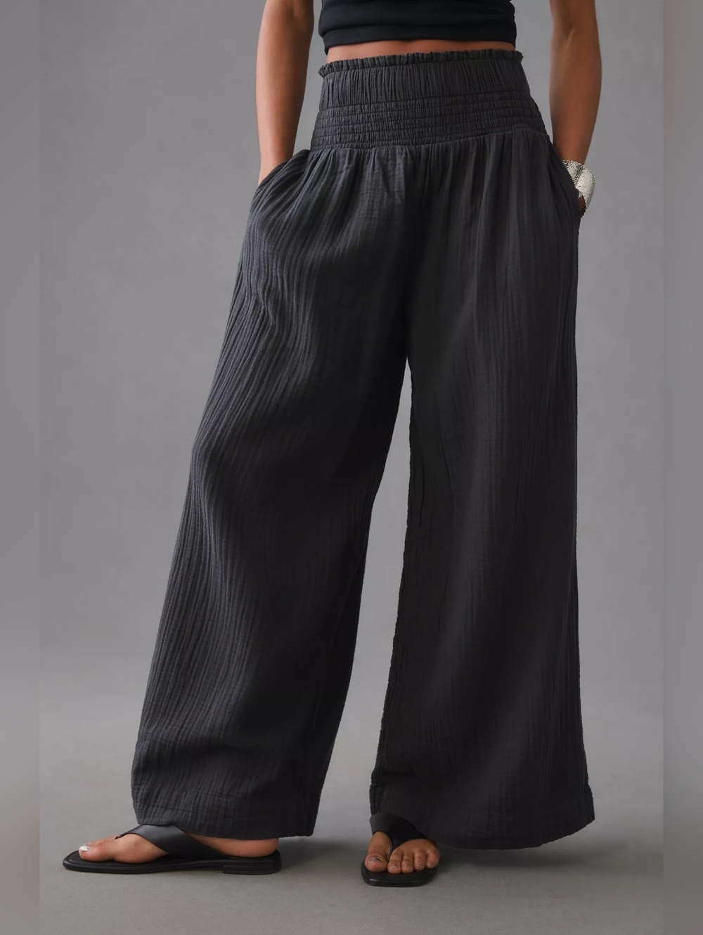Anthropologie Black Wide-Leg Smocked-Waist Pants